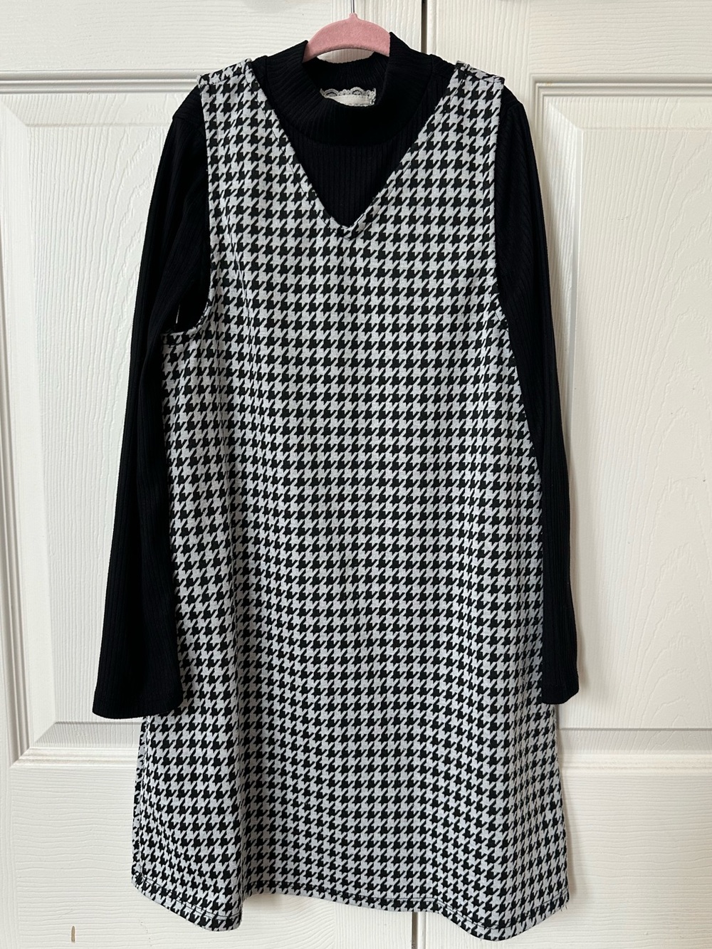 Btween - Black & White Houndstooth V-Neck Dress with Black Long Sleeve